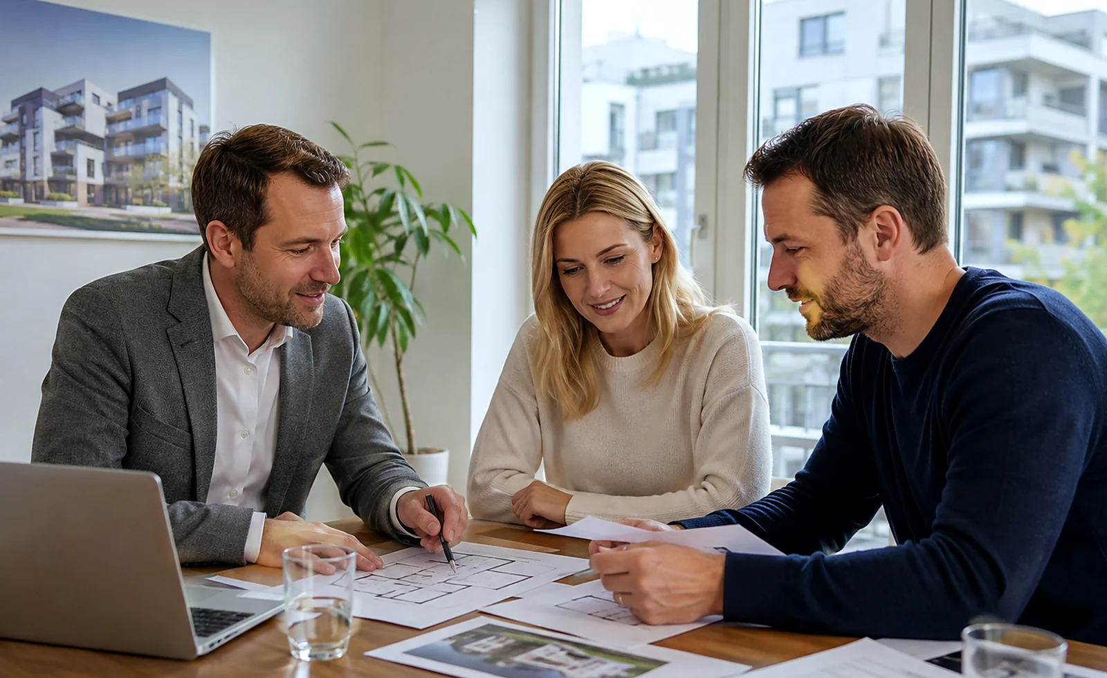 Drei Personen besprechen Baupläne im Büro